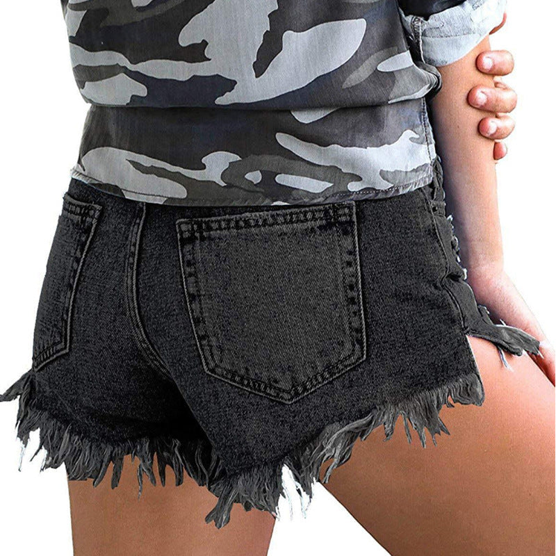 Raw Frayed Hem Ripped Denim Shorts - Black - 1