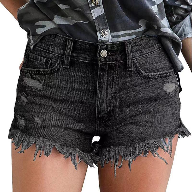 Raw Frayed Hem Ripped Denim Shorts - Black - 2