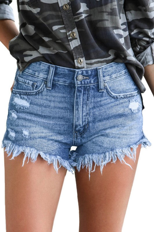 Raw Frayed Hem Ripped Denim Shorts - Light blue - 2