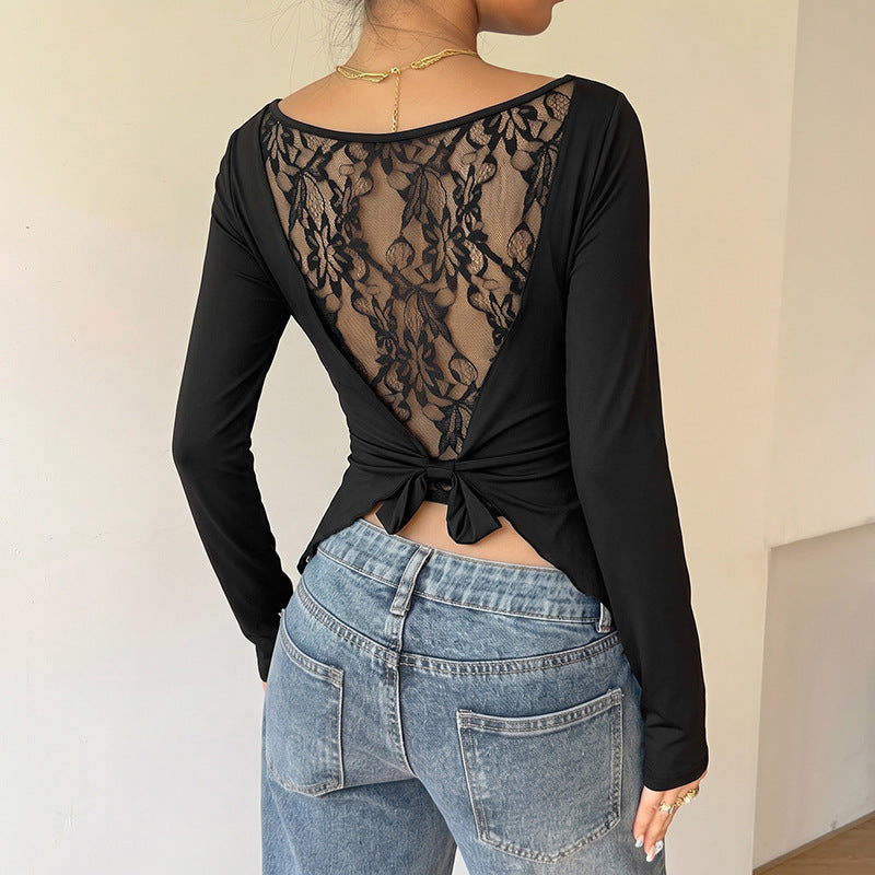 Ruched Rib Knit Top With Lace Back Detail - Black