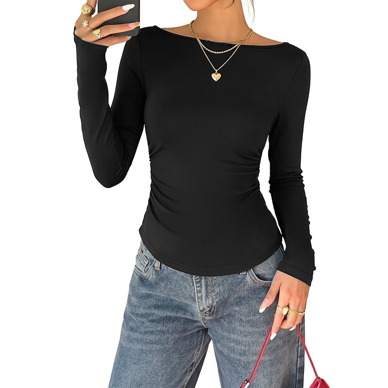 Ruched Rib Knit Top With Lace Back Detail - Black - 1