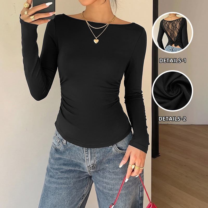 Ruched Rib Knit Top With Lace Back Detail - Black - 3