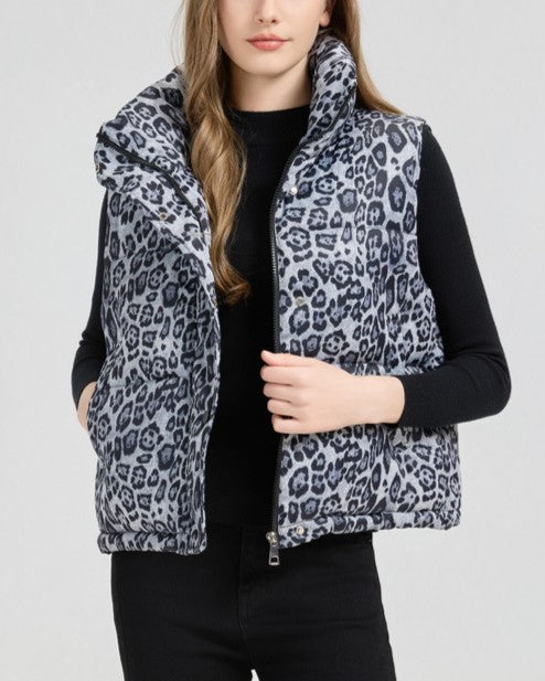 Leopard Puffer Vest With Stand Collar - Grey