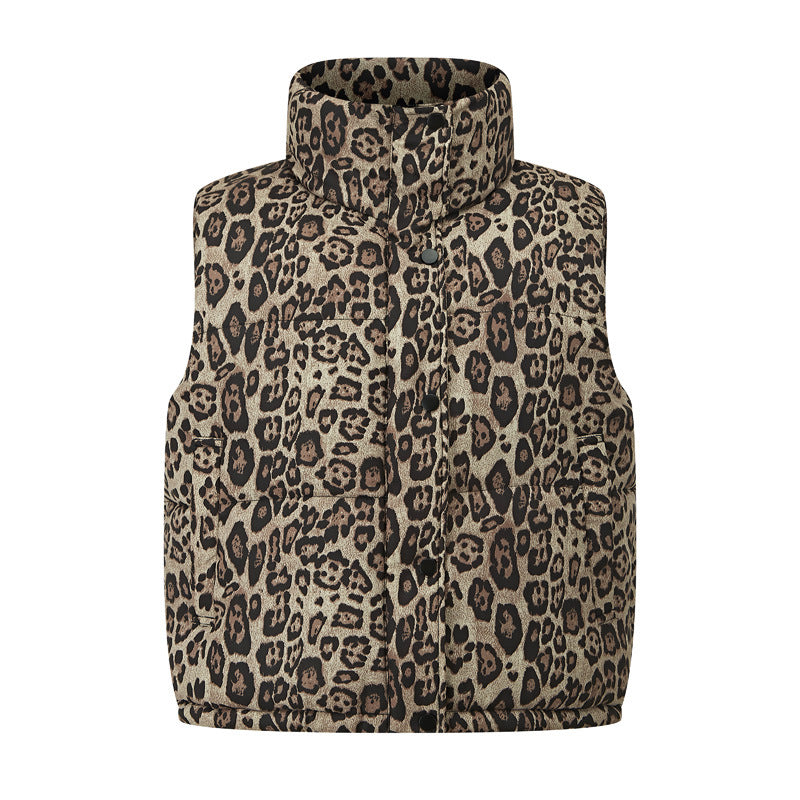 Leopard Puffer Vest With Stand Collar - Khaki