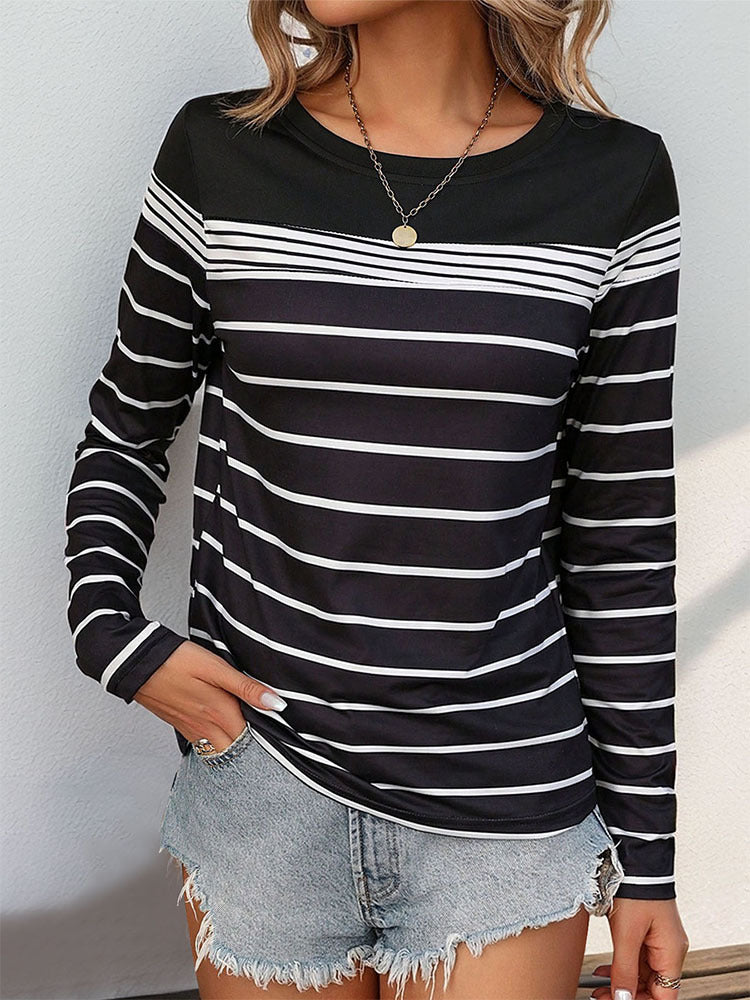 Striped Long Sleeve Boat Neck Tee - Black - 2