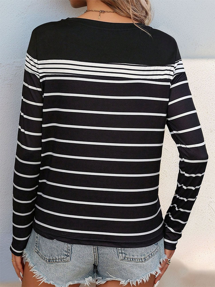 Striped Long Sleeve Boat Neck Tee - Black - 3