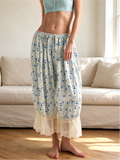 Blue Floral Lace Ruffle Hem Drawstring Bloomer Pants - Blue