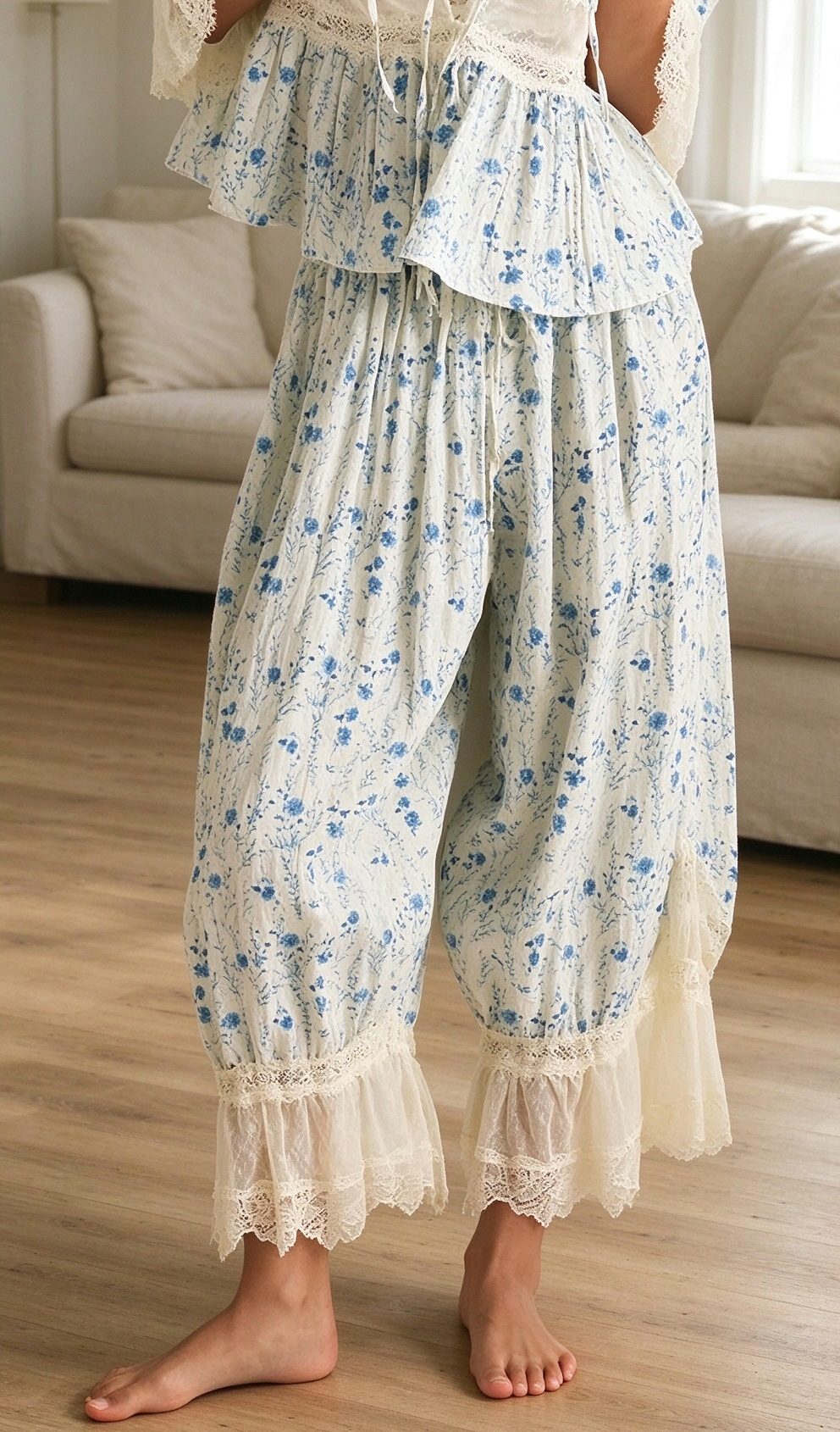 Blue Floral Lace Ruffle Hem Drawstring Bloomer Pants - Blue - 1
