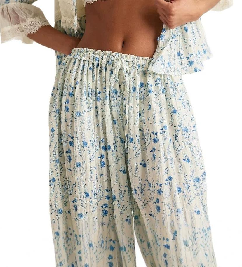 Blue Floral Lace Ruffle Hem Drawstring Bloomer Pants - Blue - 3