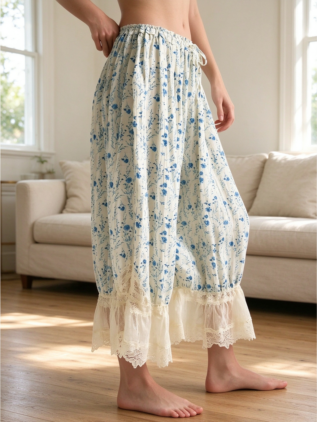 Blue Floral Lace Ruffle Hem Drawstring Bloomer Pants - Blue - 4