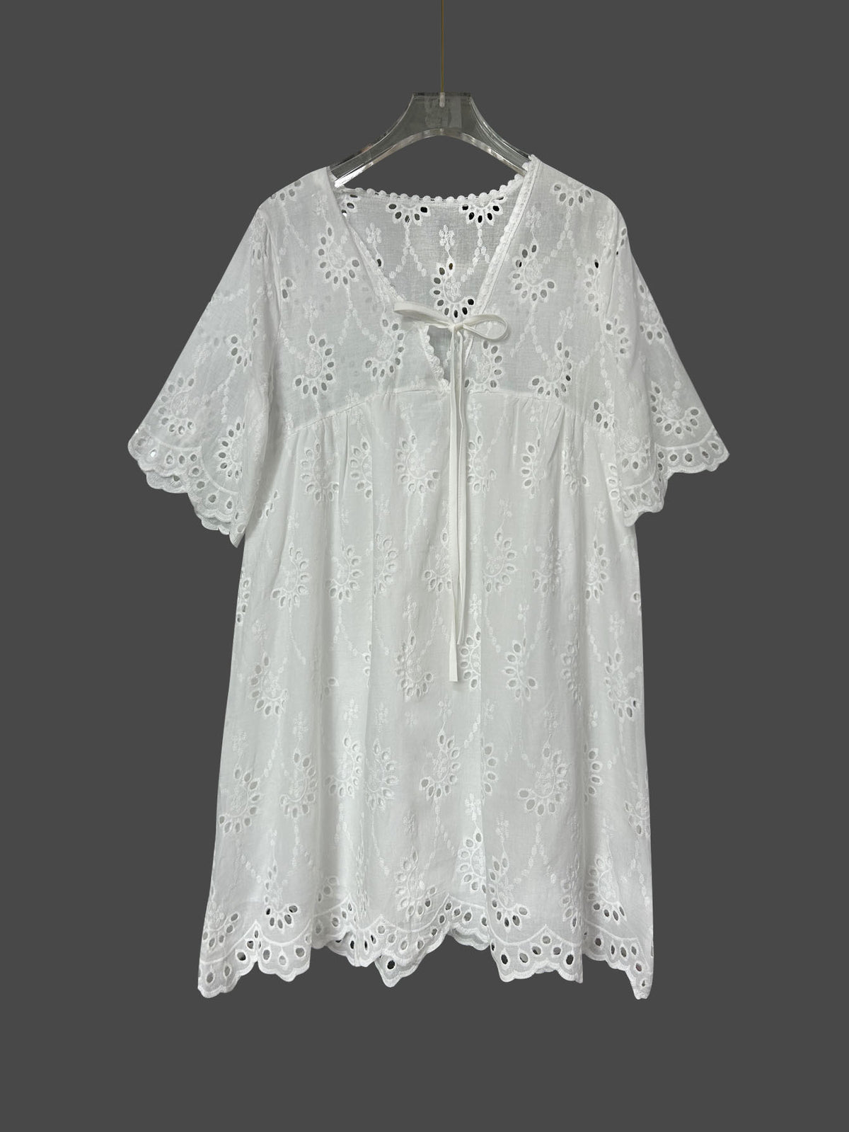 Eyelet Embroidered Flutter Sleeve Mini Dress - White - 1