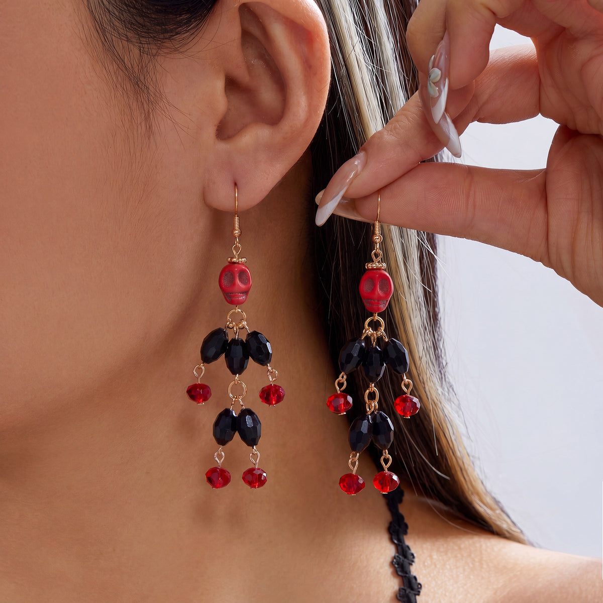 Beaded Skull Dangle Earrings for Halloween - NO-2