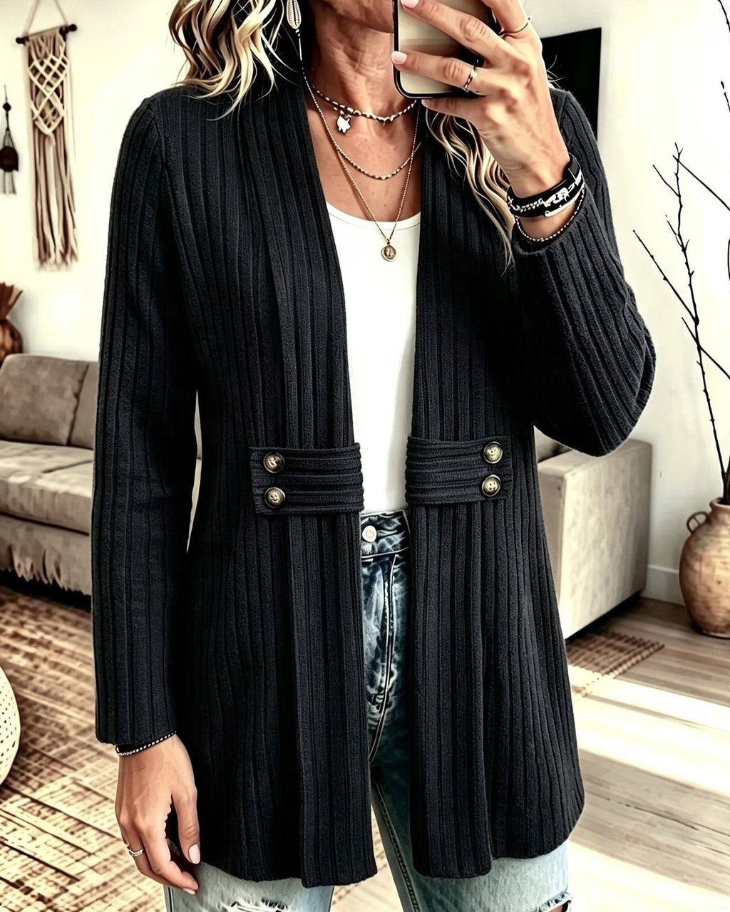 Ribbed Longline Open Front Cardigan with Tab Buttons - Black