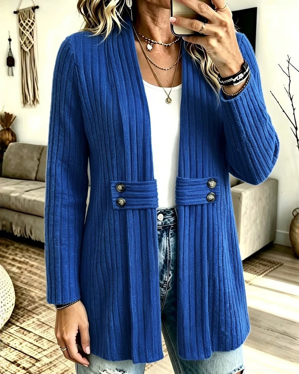 Ribbed Longline Open Front Cardigan with Tab Buttons - Blue