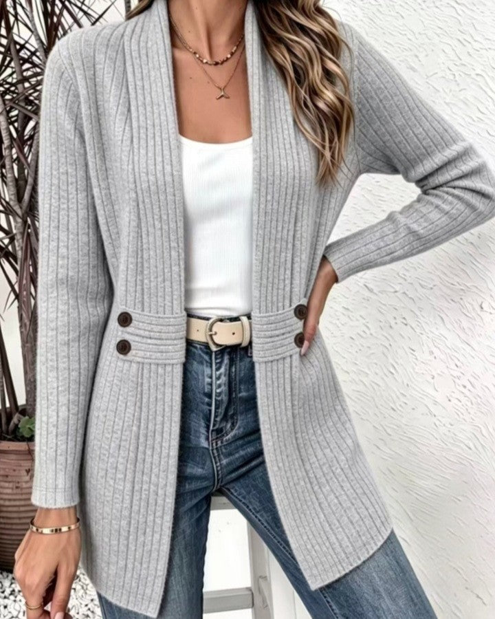 Ribbed Longline Open Front Cardigan with Tab Buttons - Grey