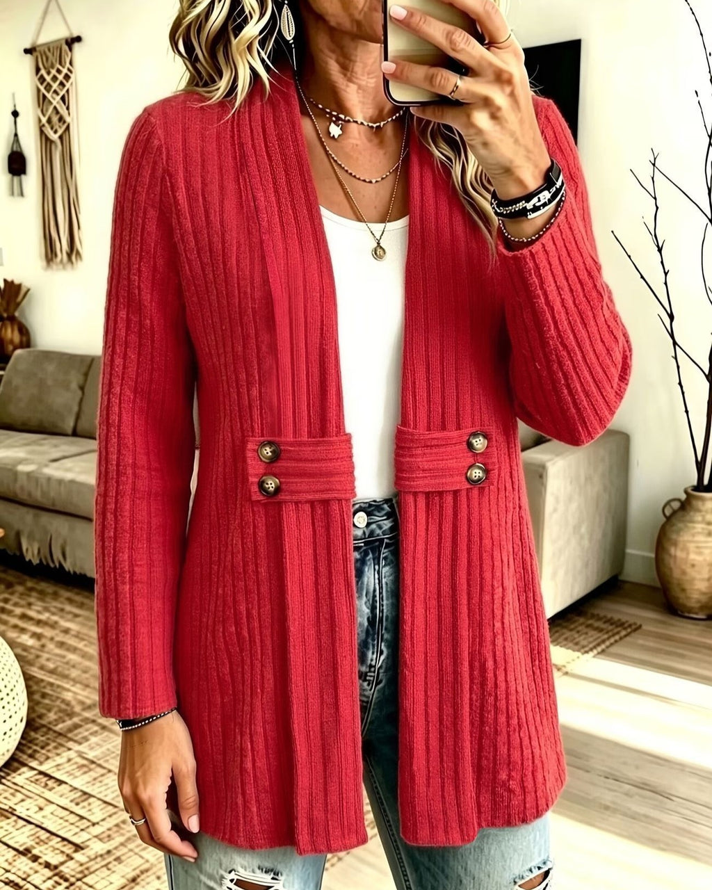 Ribbed Longline Open Front Cardigan with Tab Buttons - Red