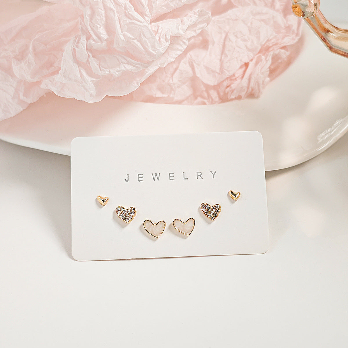Heart Stud Earring Three Piece Set - Gold - 1