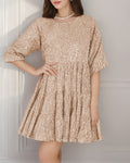 Sequin Tiered Half Sleeve Babydoll Mini Dress - Rose Gold