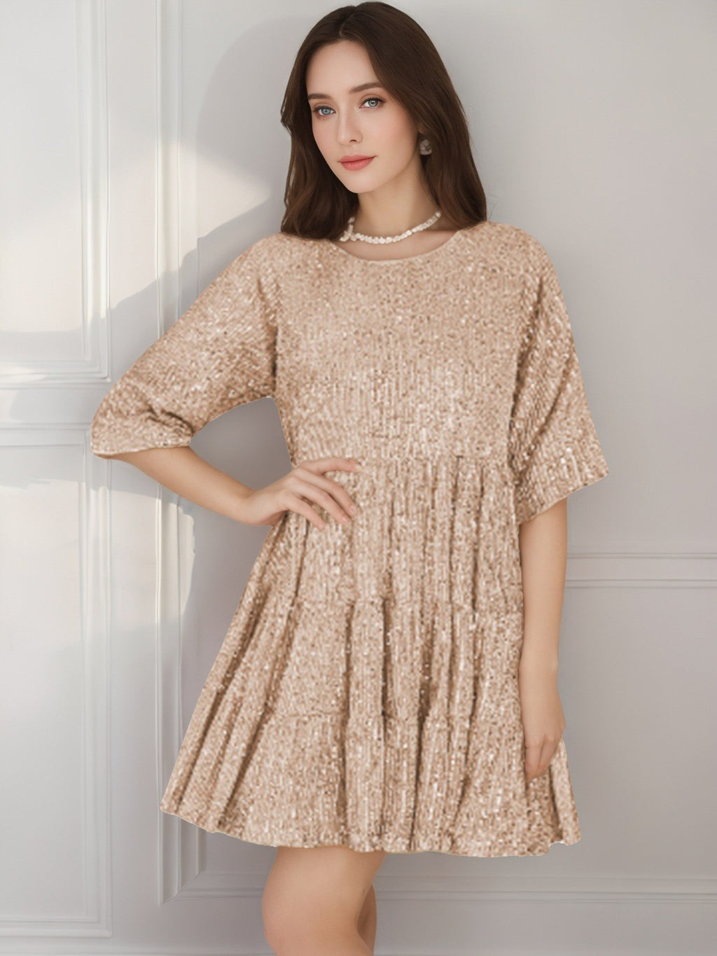 Sequin Tiered Half Sleeve Babydoll Mini Dress