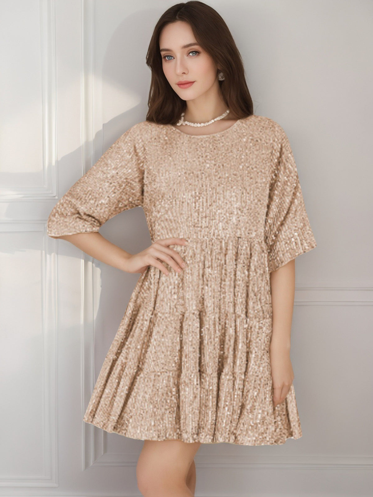 Sequin Tiered Half Sleeve Babydoll Mini Dress