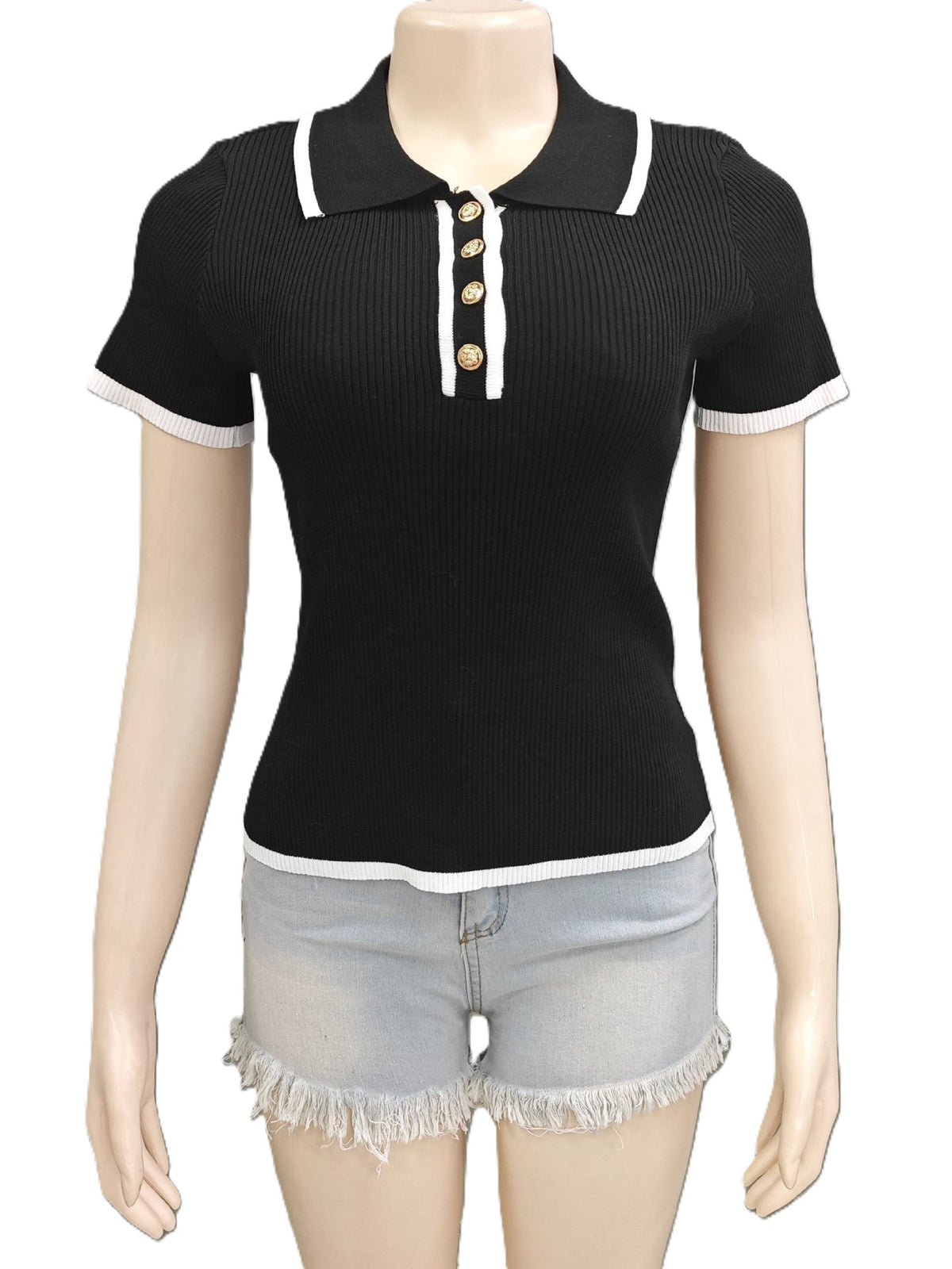 Tipped Rib Knit Polo Collar Top - Black