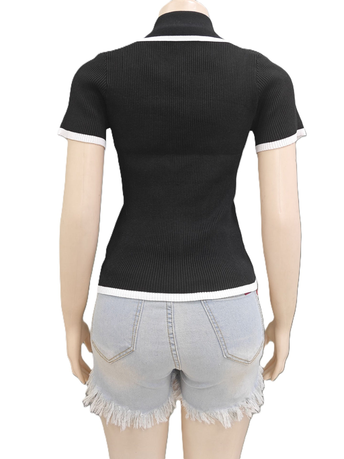 Tipped Rib Knit Polo Collar Top - Black - 1