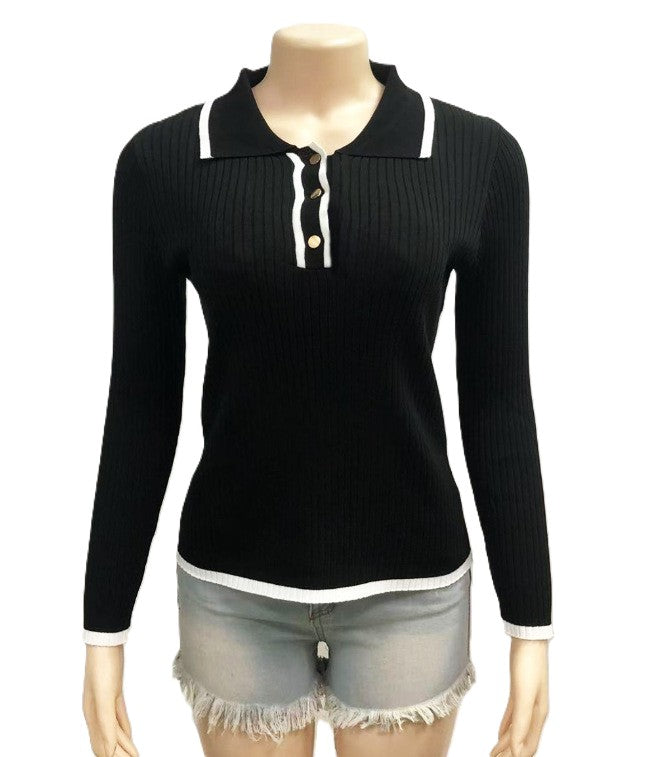 Tipped Rib Knit Polo Collar Top - Black-L