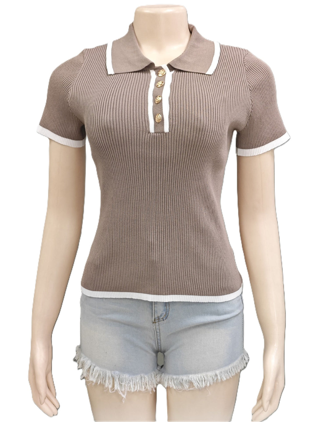 Tipped Rib Knit Polo Collar Top - Khaki