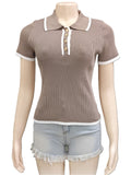 Tipped Rib Knit Polo Collar Top - Khaki