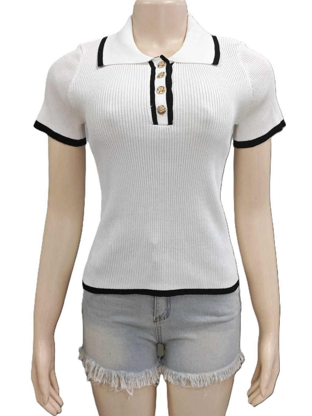 Tipped Rib Knit Polo Collar Top - White