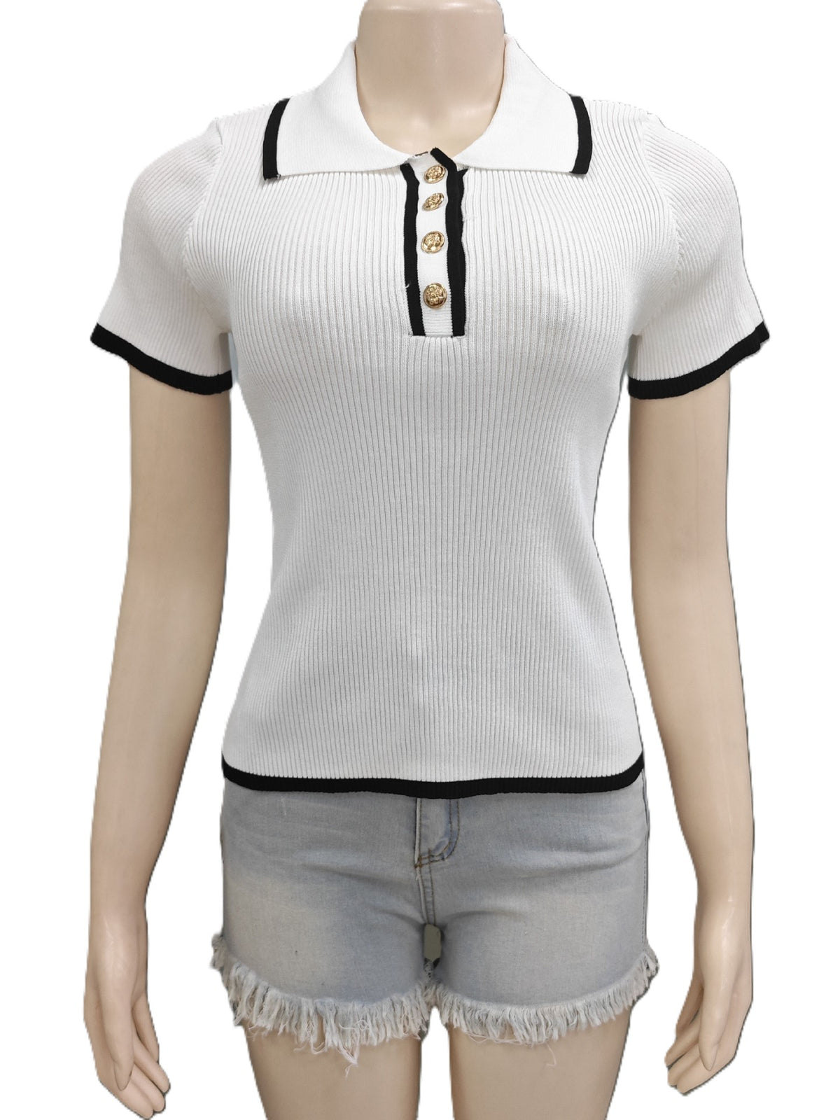 Tipped Rib Knit Polo Collar Top - White