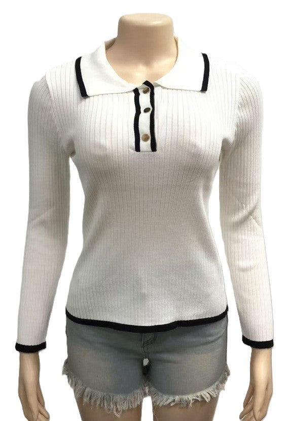 Tipped Rib Knit Polo Collar Top - White-L