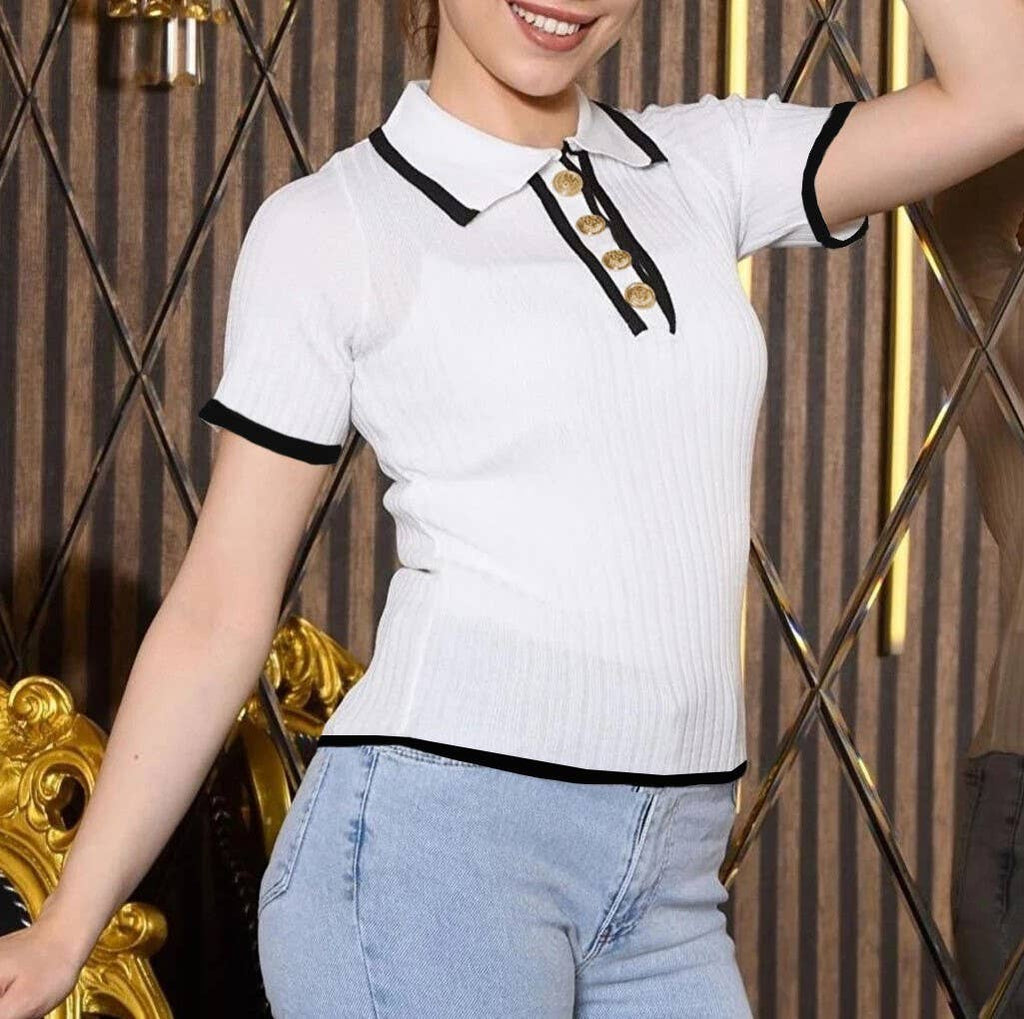 Tipped Rib Knit Polo Collar Top