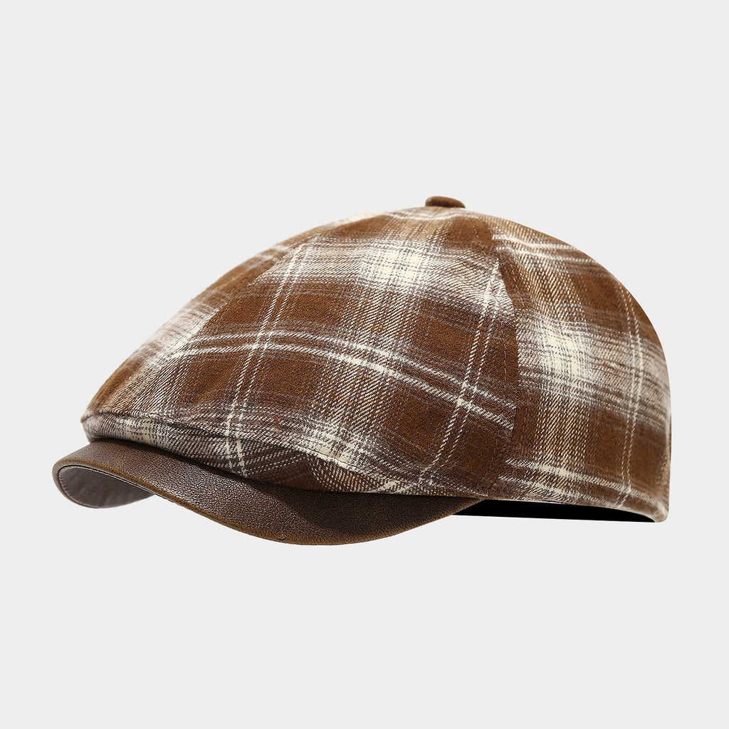 Plaid Paneled Ivy Beret With Faux Leather Brim - Beige