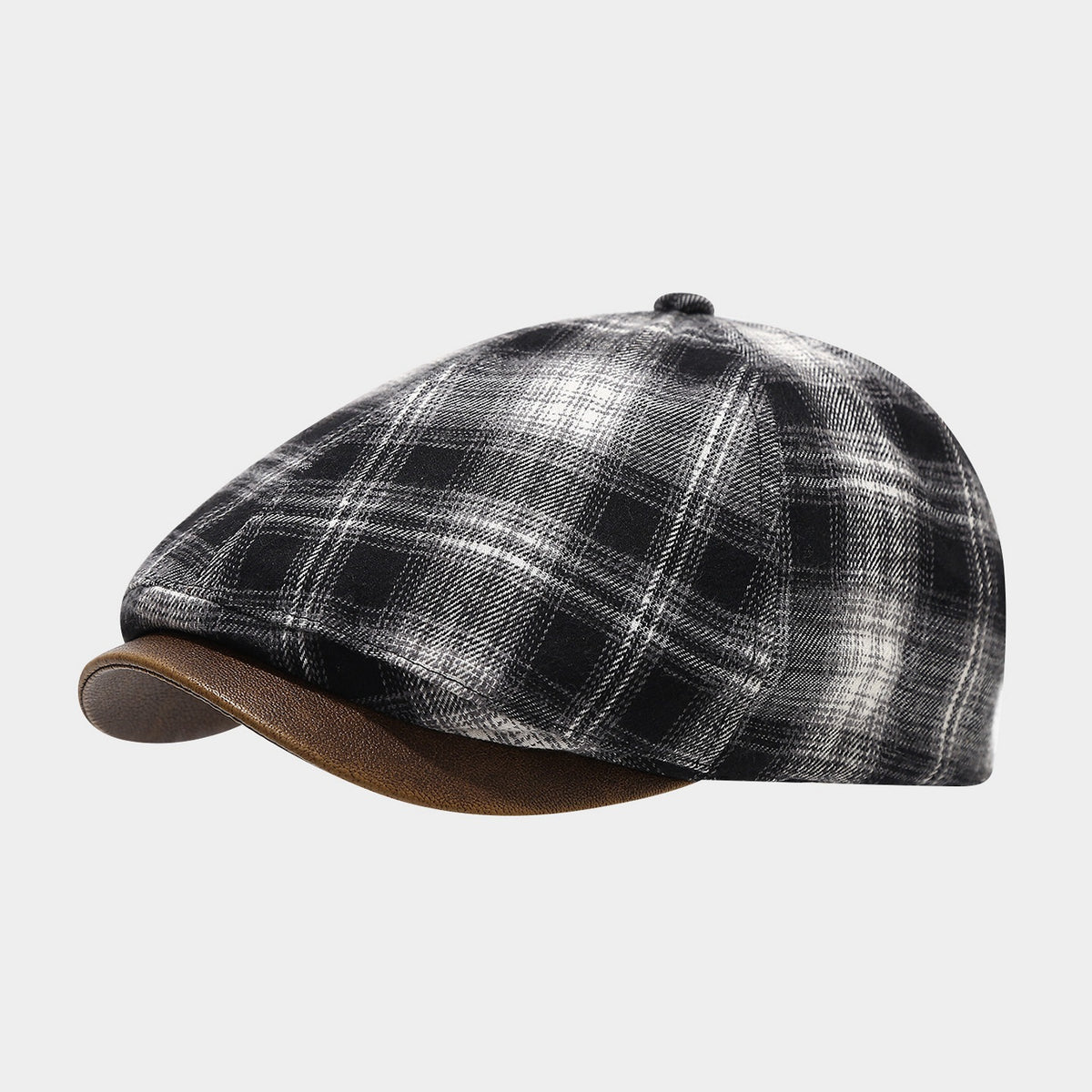 Plaid Paneled Ivy Beret With Faux Leather Brim - Black