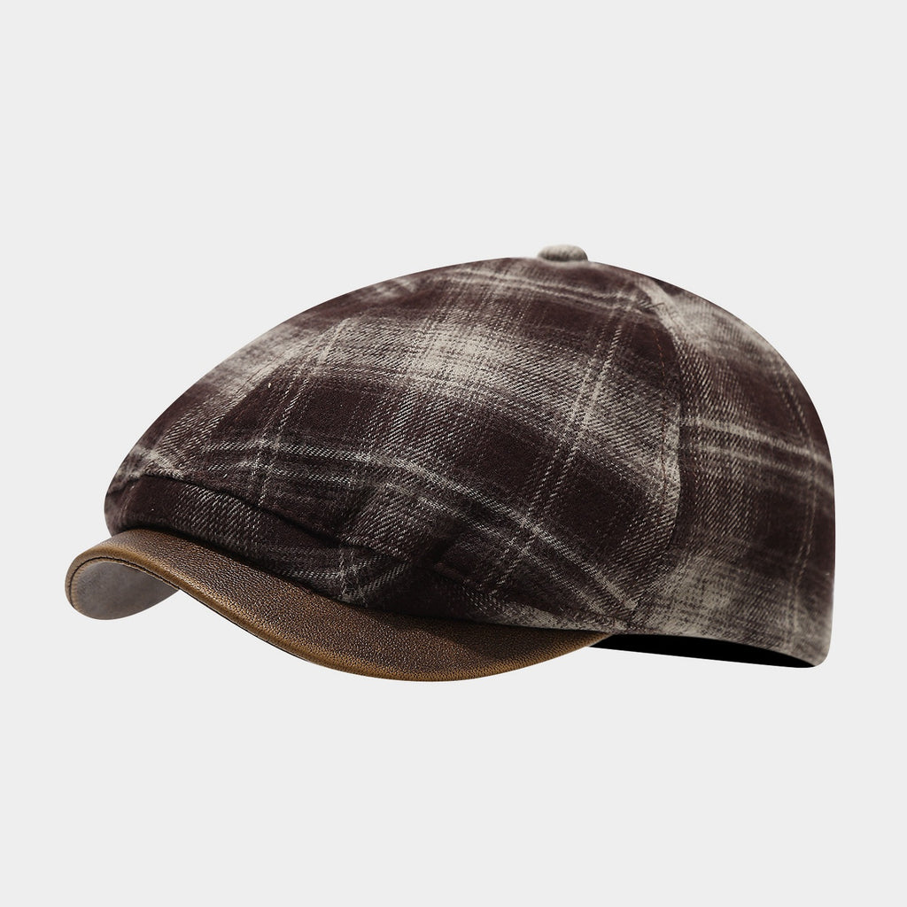 Plaid Paneled Ivy Beret With Faux Leather Brim - Brown