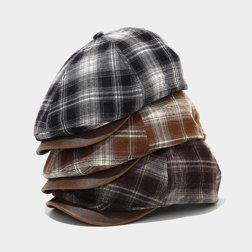 Plaid Paneled Ivy Beret With Faux Leather Brim