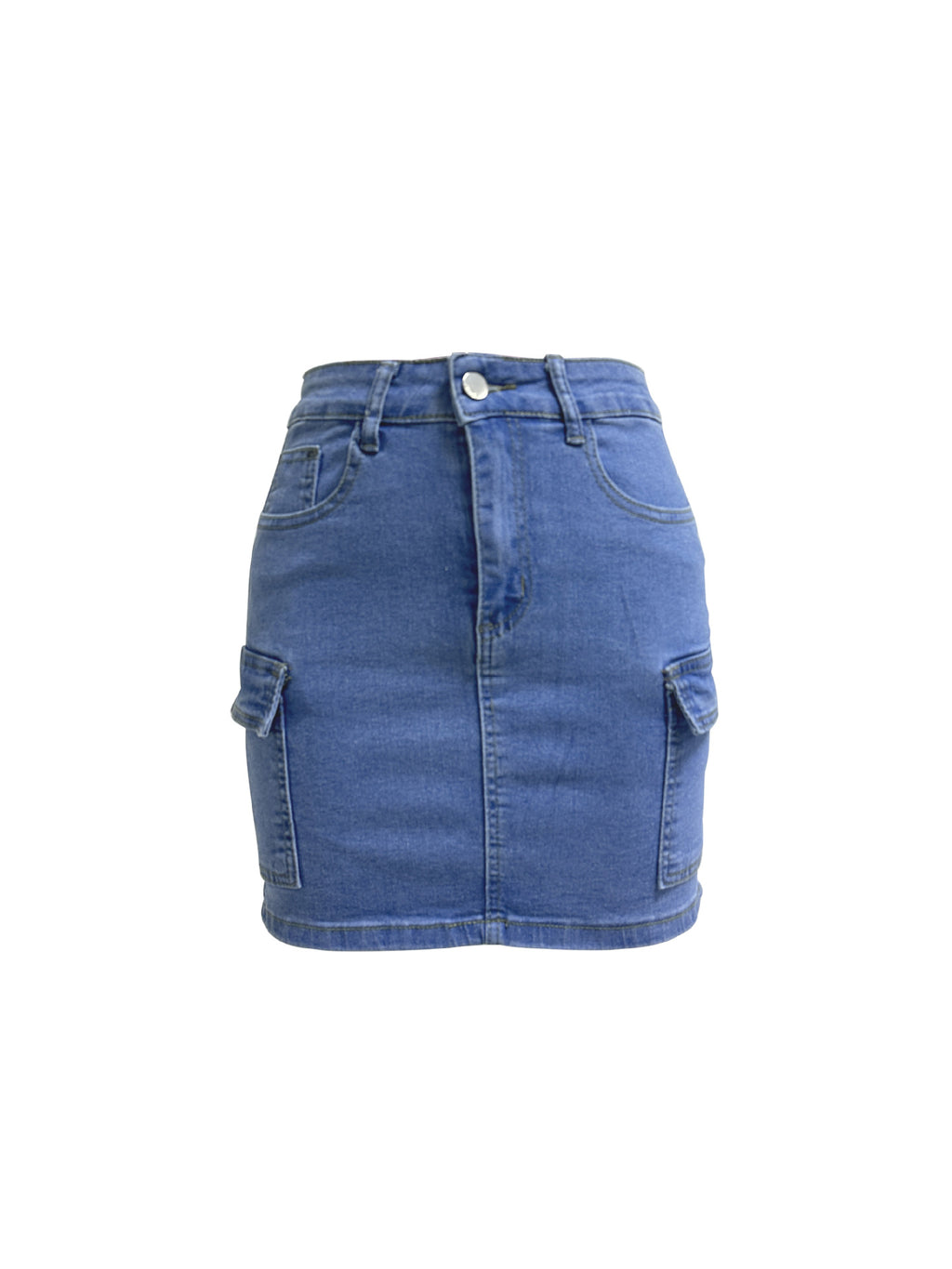 Stretch Denim Mini Skirt With Cargo Pockets - Blue - 1