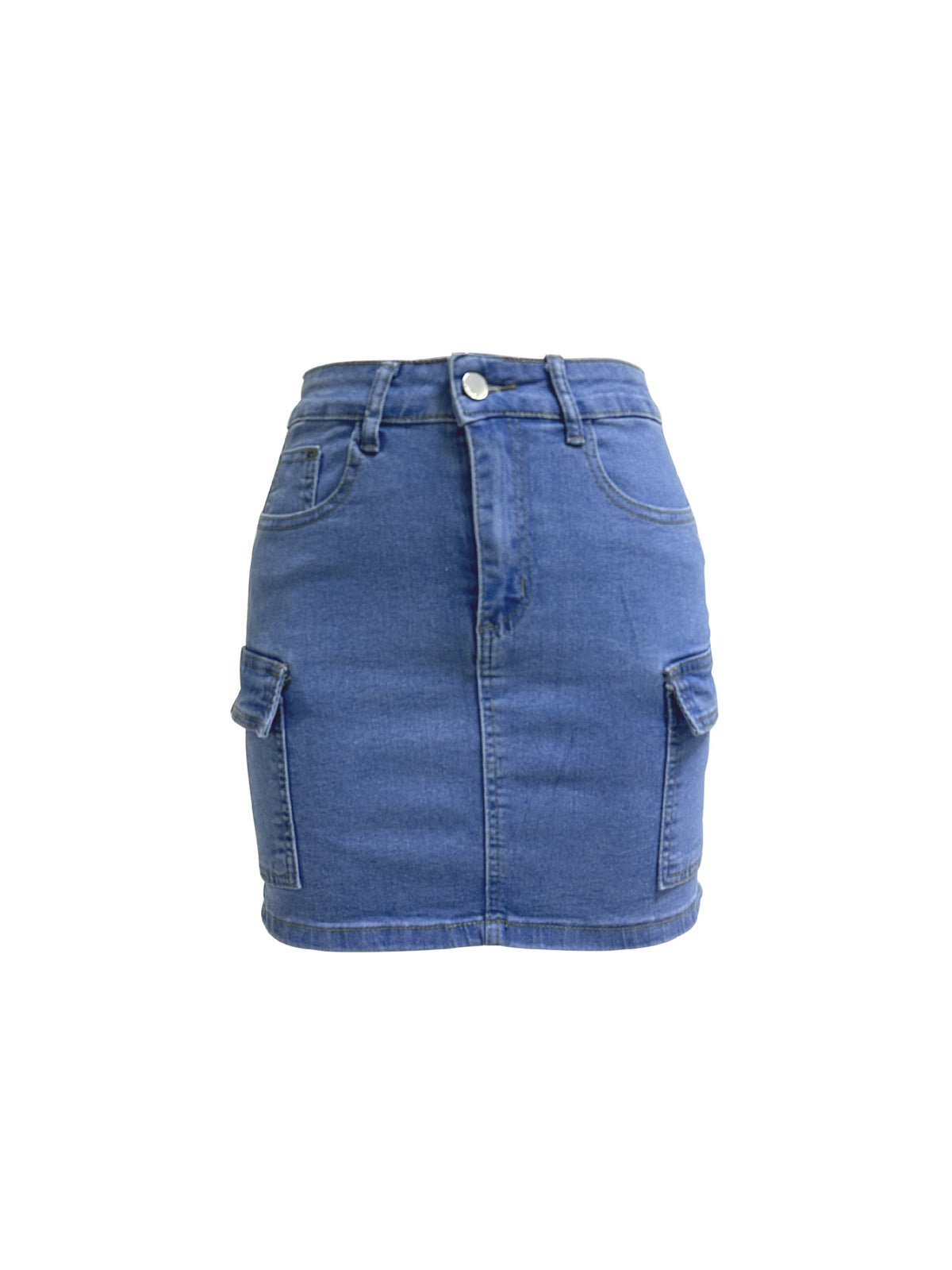 Stretch Denim Mini Skirt With Cargo Pockets - Blue - 1