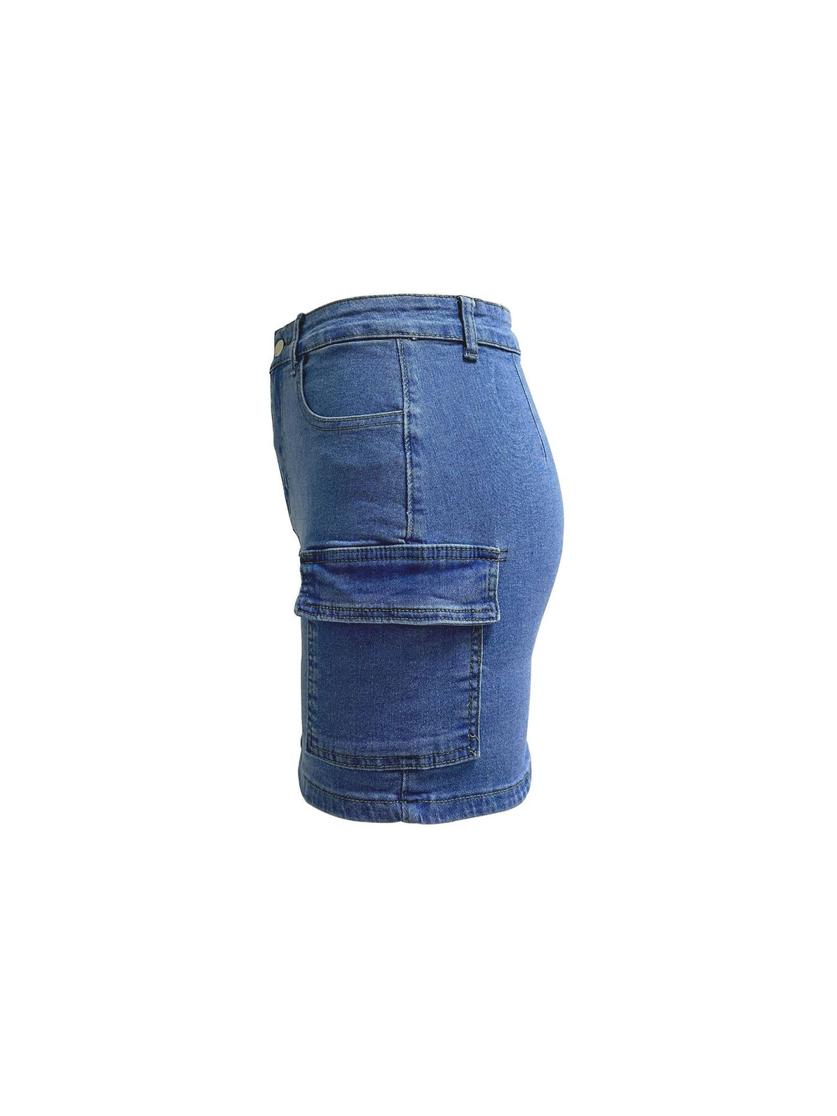Stretch Denim Mini Skirt With Cargo Pockets - Blue - 3