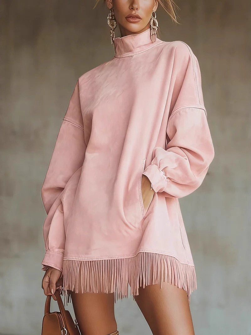 Oversized Mock Neck Fringe Hem Mini Dress - Pink