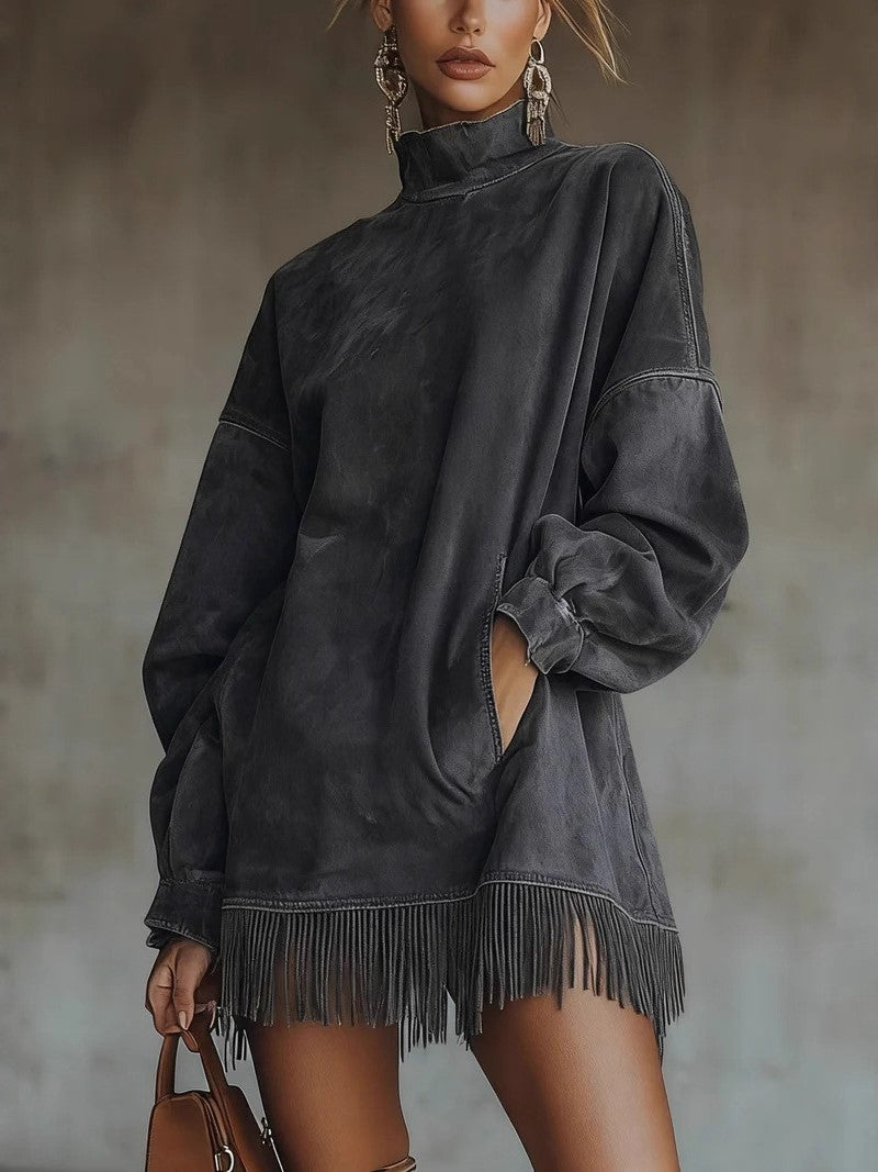 Oversized Mock Neck Fringe Hem Mini Dress - black