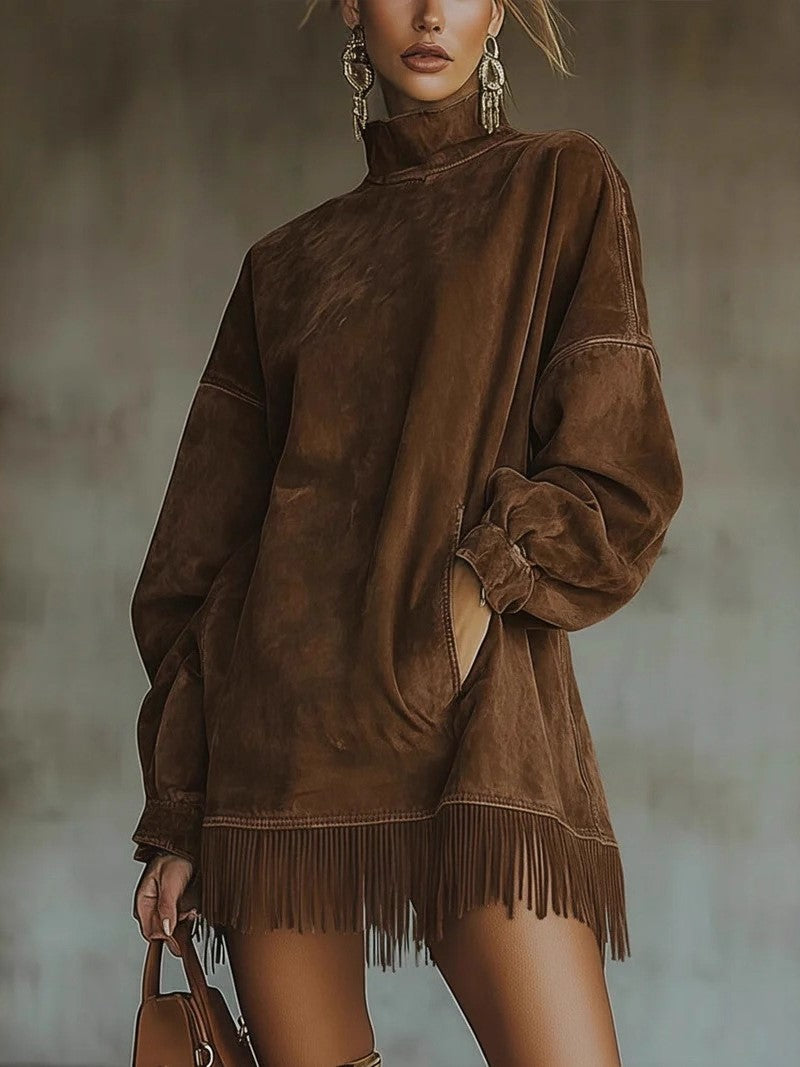 Oversized Mock Neck Fringe Hem Mini Dress - brown