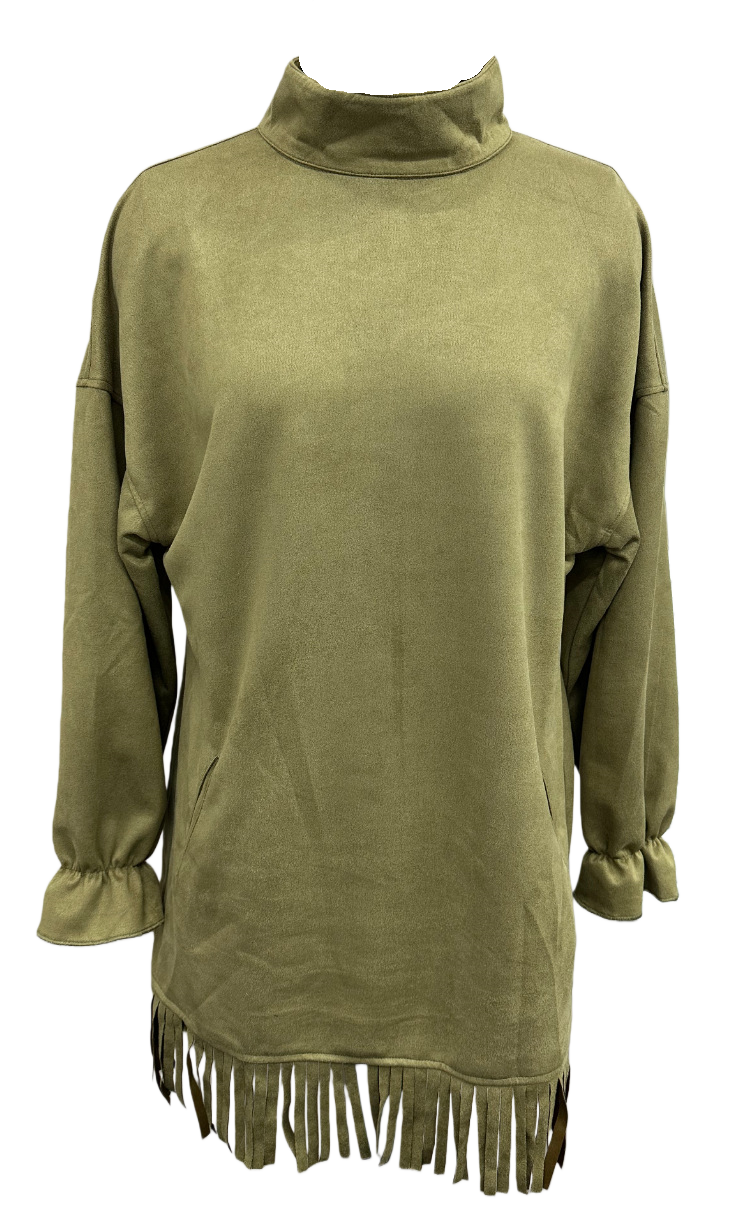 Oversized Mock Neck Fringe Hem Mini Dress - olive - 1
