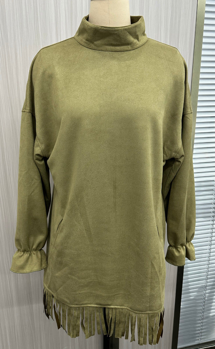 Oversized Mock Neck Fringe Hem Mini Dress - olive - 2