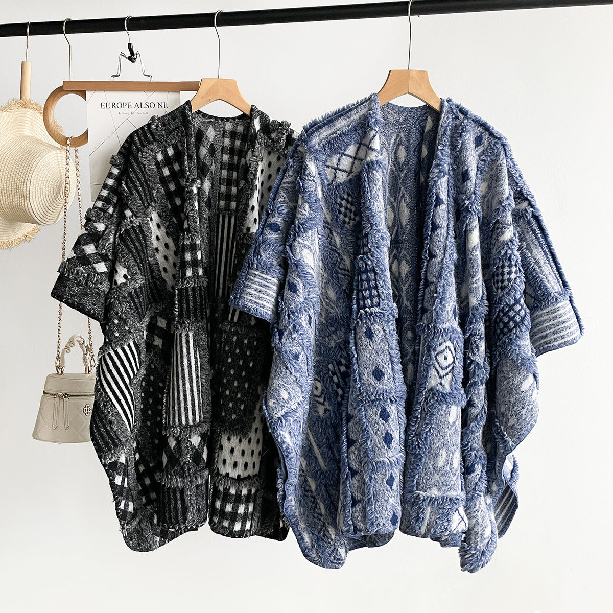 Patchwork Jacquard Cape with Textured Diamond Motifs - Black - 1
