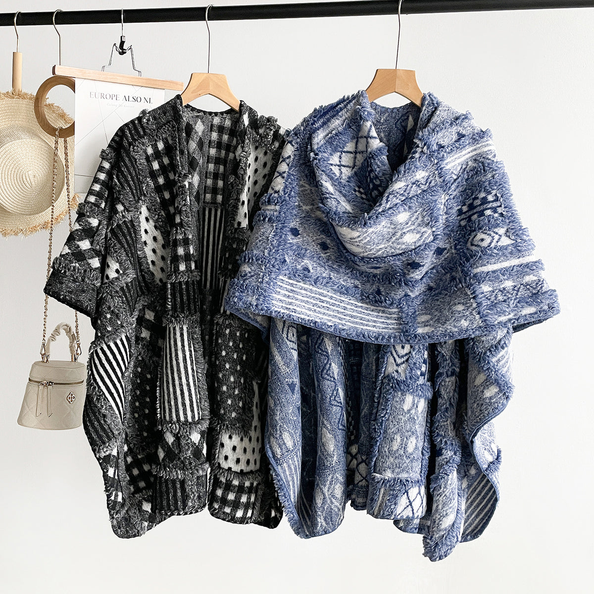 Patchwork Jacquard Cape with Textured Diamond Motifs - Black - 2