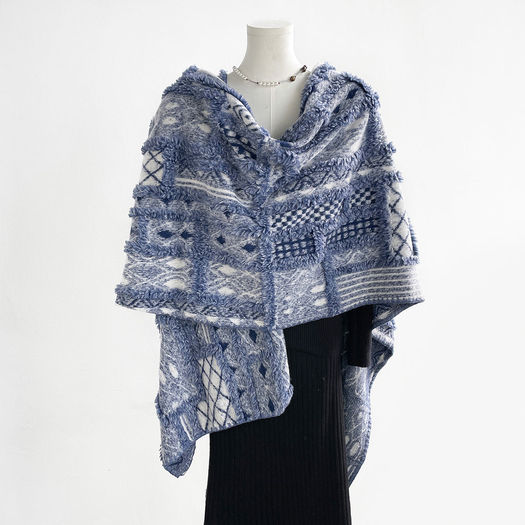 Patchwork Jacquard Cape with Textured Diamond Motifs - Blue - 1