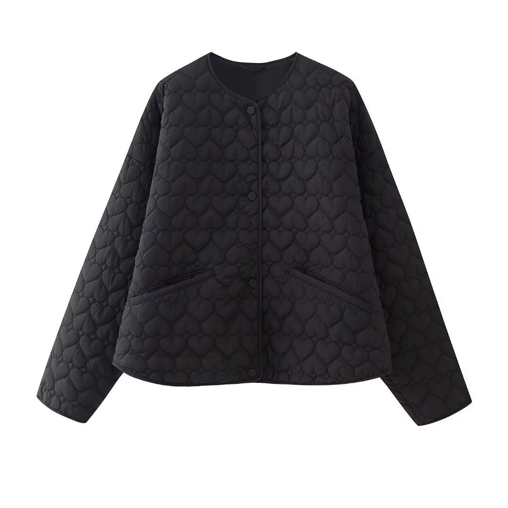 Heart Quilted Collarless Snap Jacket - Black