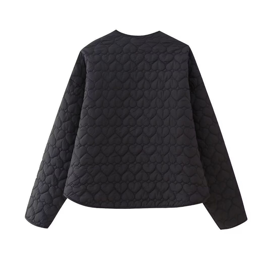 Heart Quilted Collarless Snap Jacket - Black - 1
